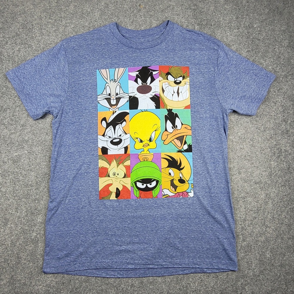 Looney Tunes Character Grid T-Shirt Mens Large Blue Heathered Graphic Tee Bugs